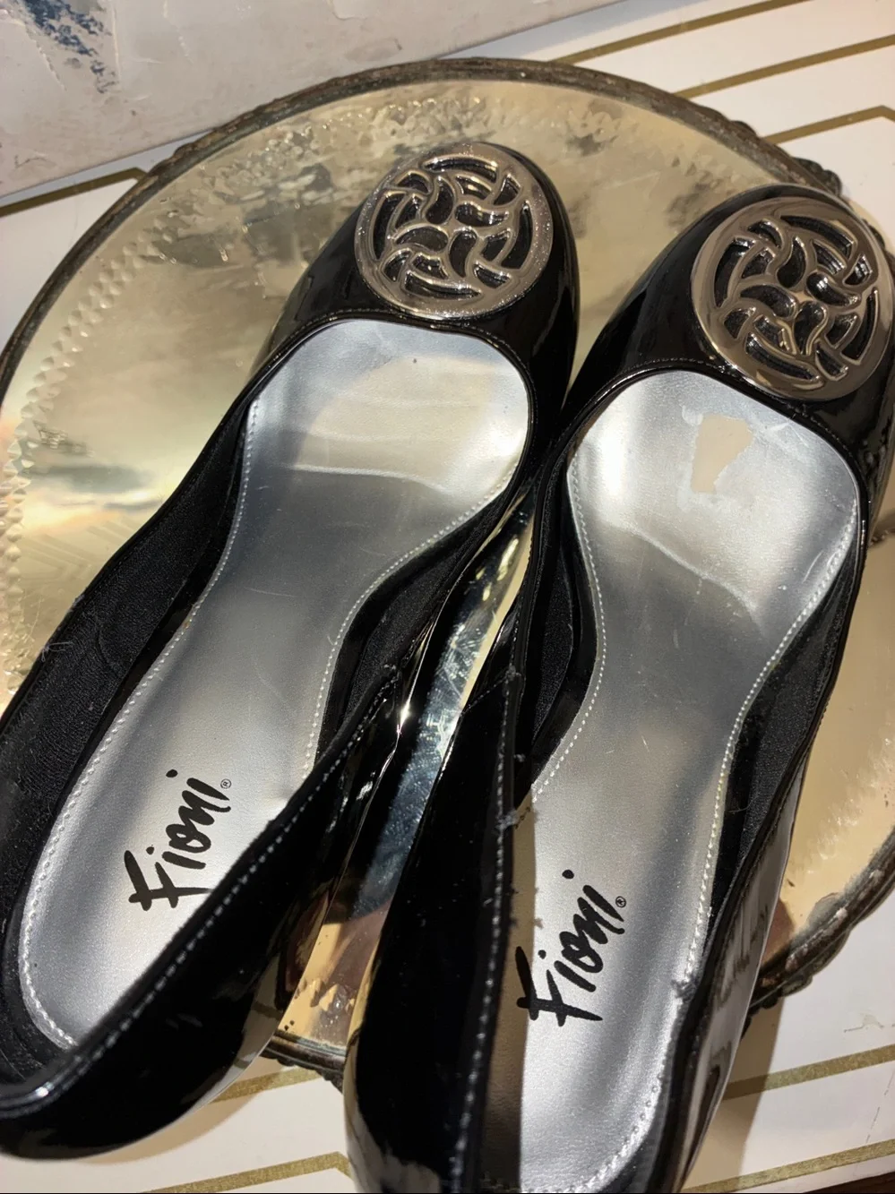 Genuine Fioni Black Patent Wedge Pumps with Silver Medallion Size 6.5